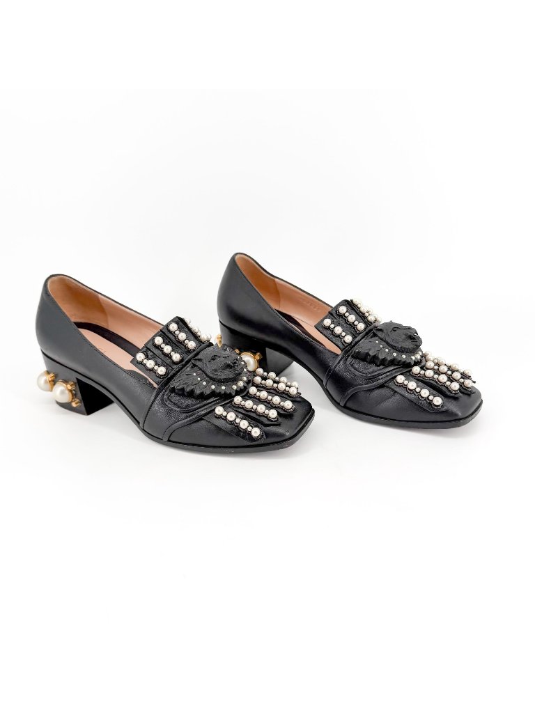 Gucci Lion Head Pearl Fringe Block Heel Loafer Pumps Black Leather Size 37 Us 7